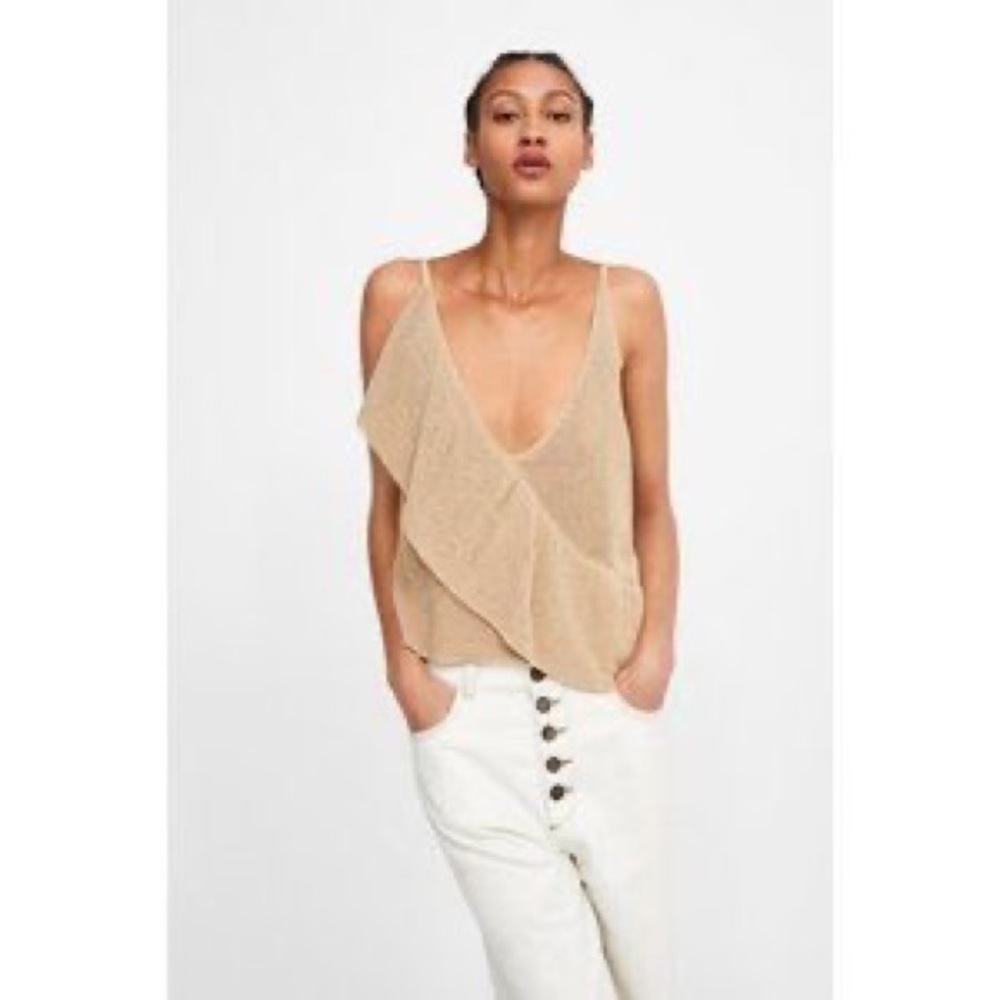 Zara tan ruffled knit top
